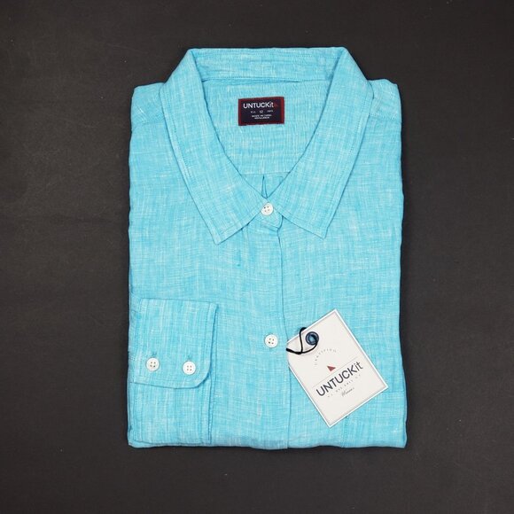 UNTUCKit Blush-Aqua Button-Up Shirt Women Size 12 Aqua Blue Linen LS Regular Fit - Picture 14 of 15